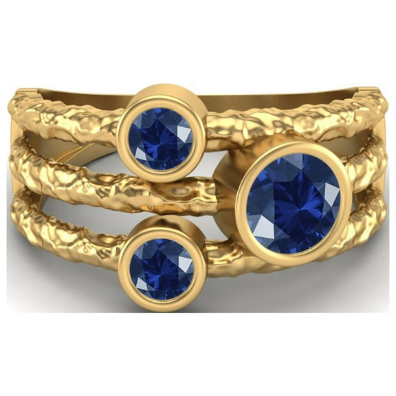 5mm Round Blue Sapphire Syn. Handmade Split Shank Band 925 Sterling Silver Gold Vermeil Trio Stone Women Valentines Day Gifts Ring