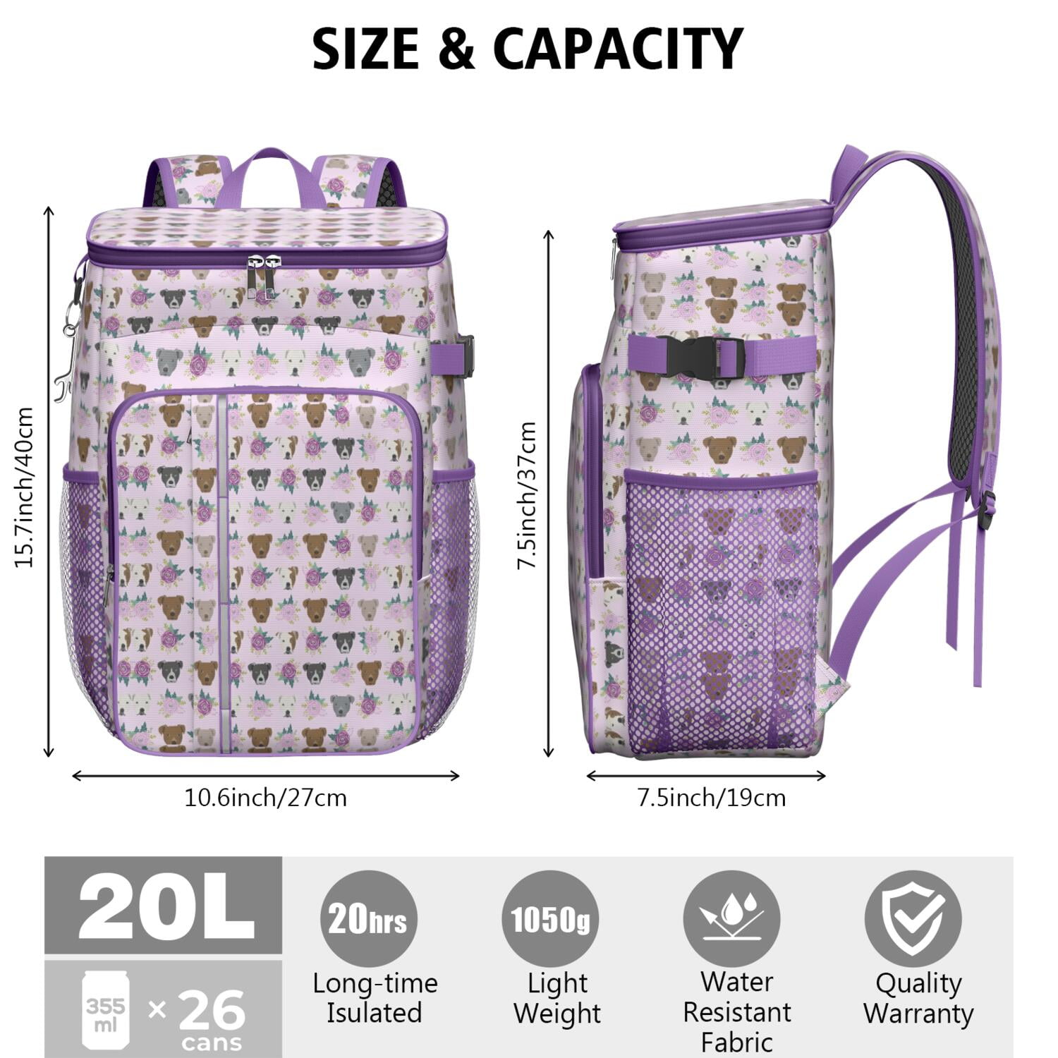 Travel Cooler Bag - Cute Pitbull Terriers Dog and Flower Camping Beer Cooler Backpack with Bottle Opener- Waterproof Insulated Picnic Backpacks - Cooler Bag for Beach