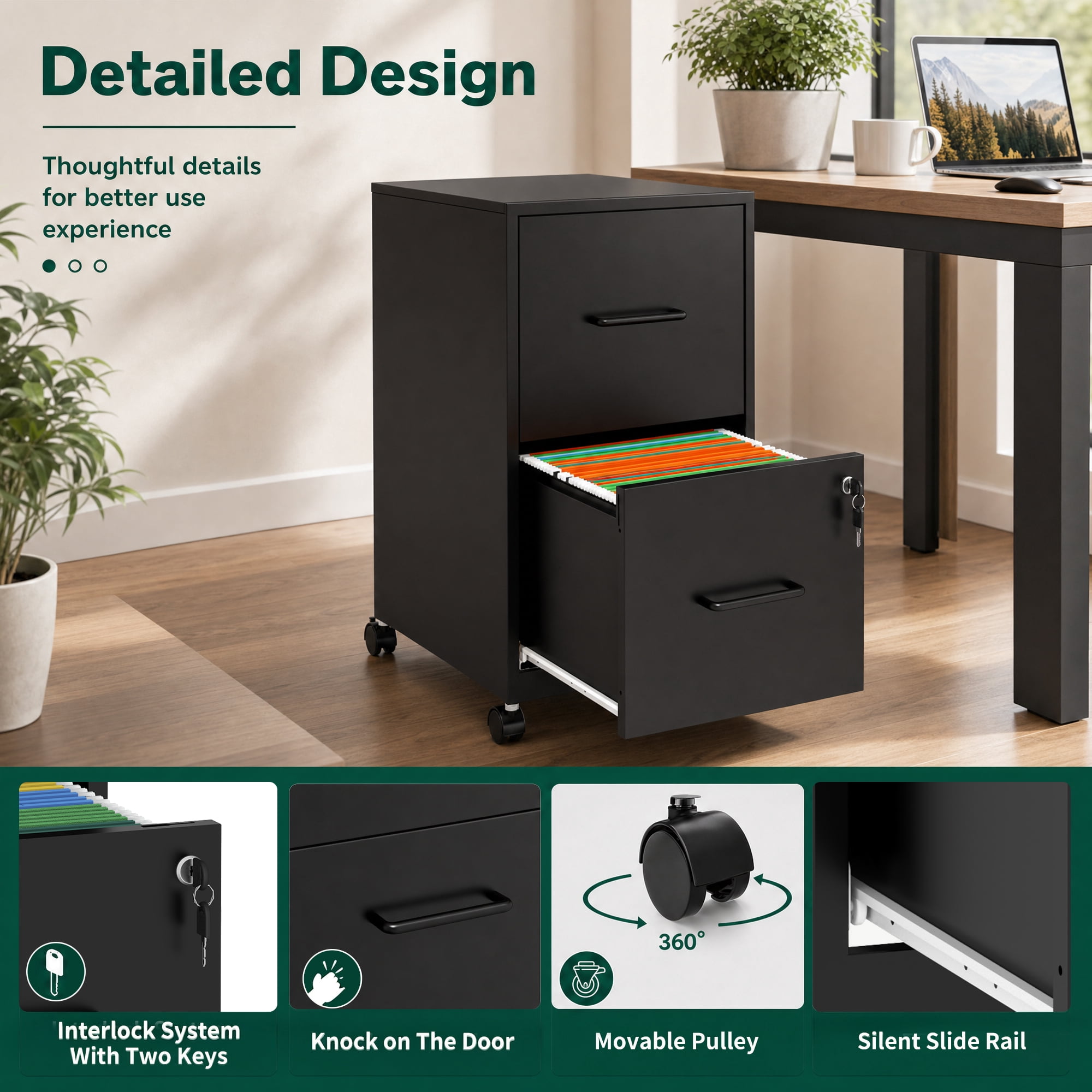 2 Drawer Lockable Metal File Cabinet WIth Wheel, Vertical Under Desk Steel Filing Cabinet with Wall Anti-Tip Kit, Heavy Duty Office Storage Cabinet for Letter/Legal Size Files, Black