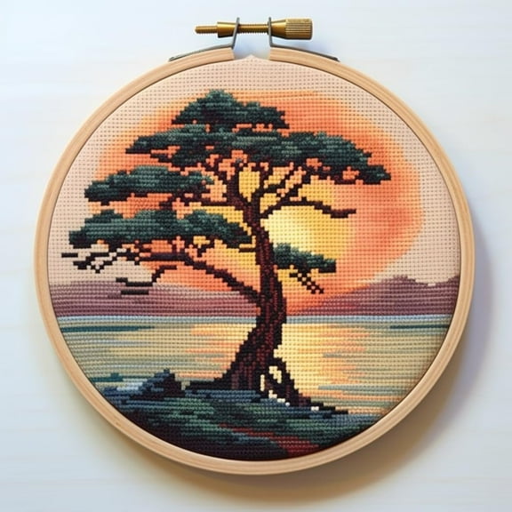 Seaside Sunset Tree Scenery Stamped Cross Stitch Kits for Beginners Easy with Hoop 11CT Needlepoint Embroidery DIY Counted Cross Stitch Kits Art Craft Wall Decoration 35x35cm(4)