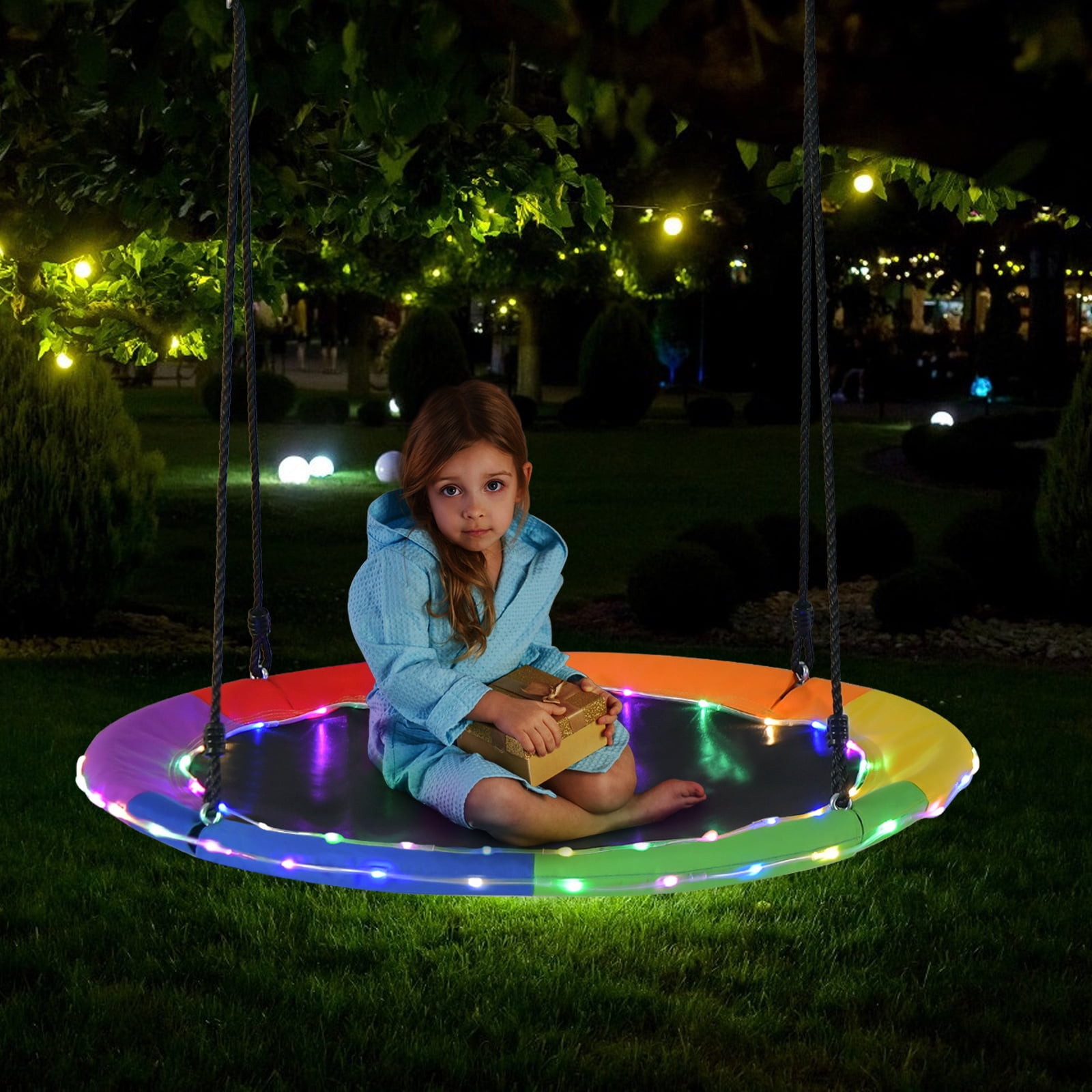GLACER 40 Inch Saucer Tree Swing For Kids, Round Indoor Outdoor Waterproof Set Colorful 425490