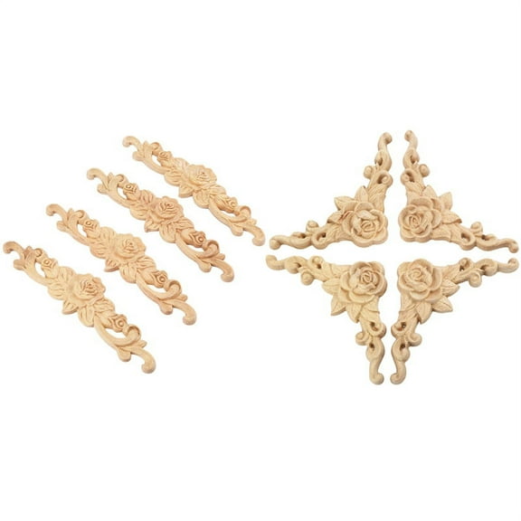 4Pcs 8x8cm Wood Carved Corner Onlay Applique Door Cabinet Unpainted with 4Pcs 20x5cm Rubber Wood Carved Long Onlay Unpainted Flower Door Home Decor Europede Style