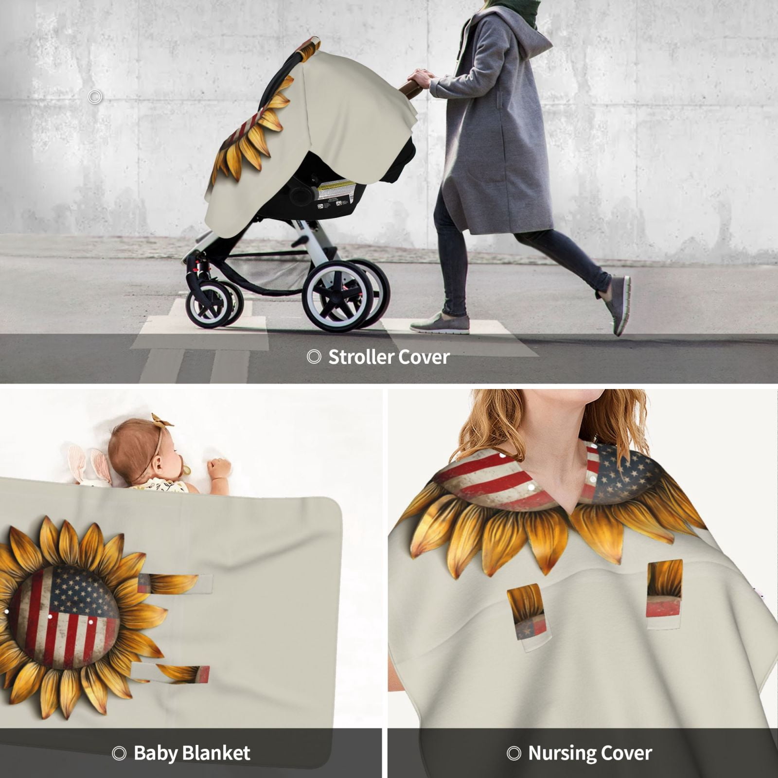 Car Seat Cover Baby - Patriotic Sunflower Flag Breathable Infant Car Seat Cover for Baby Carseat, Lightweight Comfort Baby Essentials Must Haves Newborn Stuff for Girl Boy