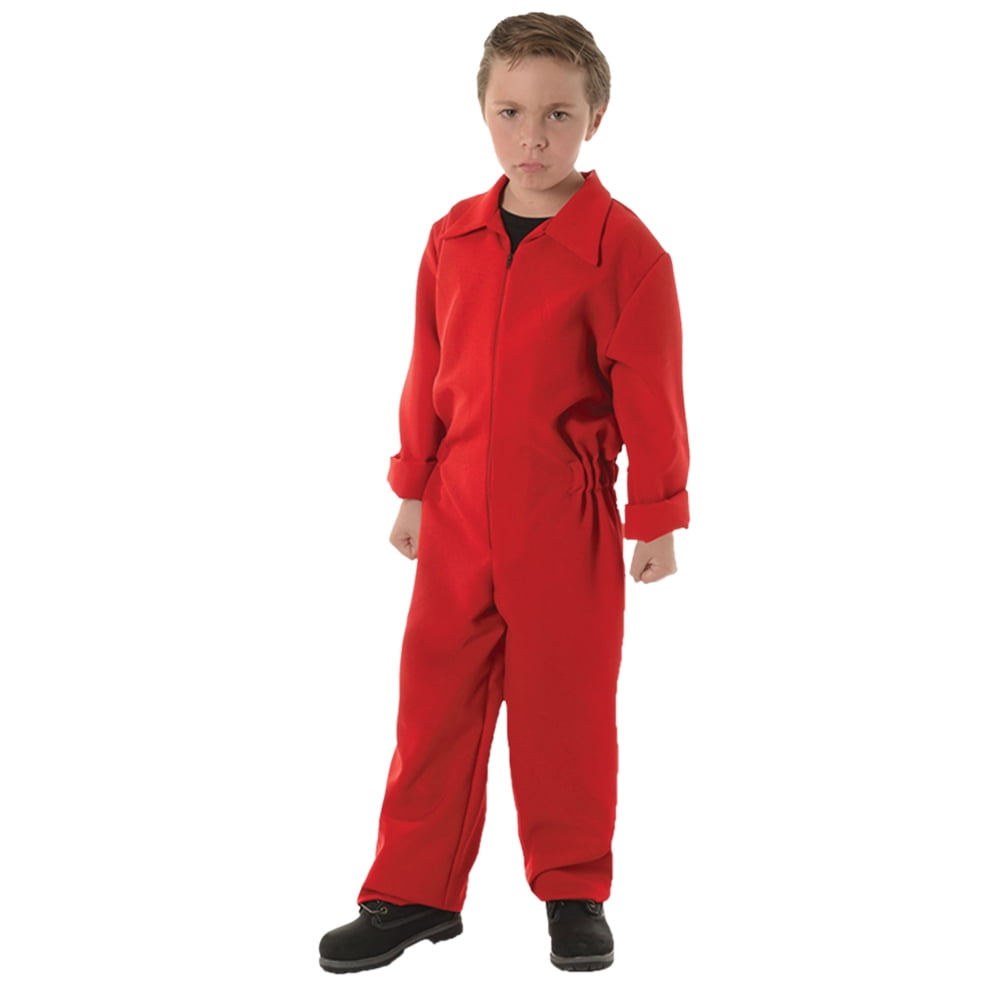 red boiler suit with hood