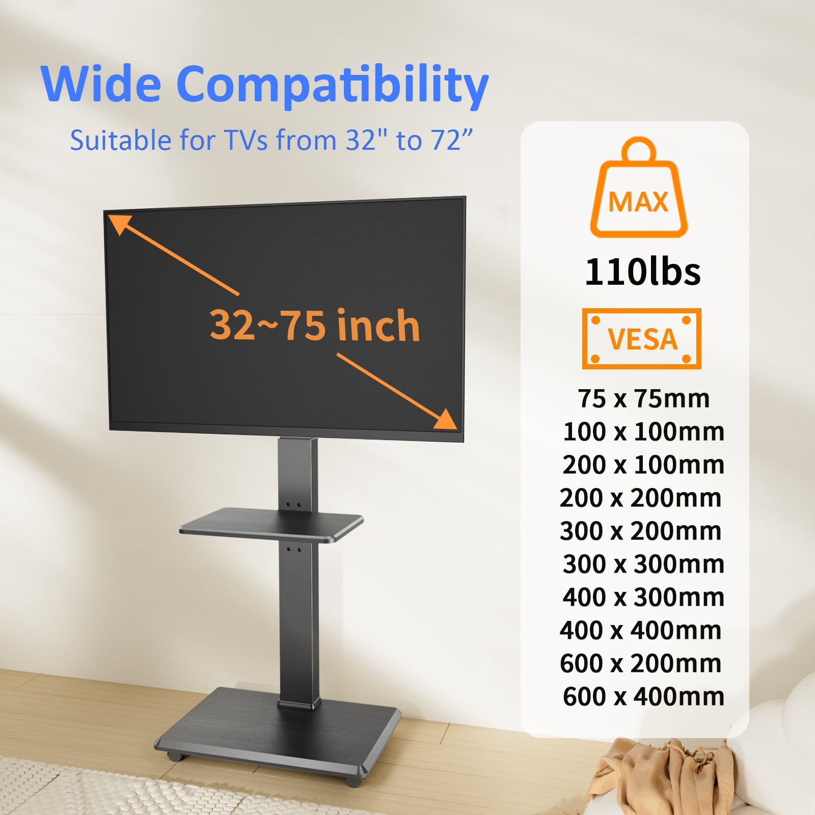 Rolling TV Stand, Mobile TV Cart for 32-75 Inch TVs up to 110 lbs, 18 Adjustable Heights, TV Floor Stand with Swivel Mount & Shelf, Max VESA 600x400mm