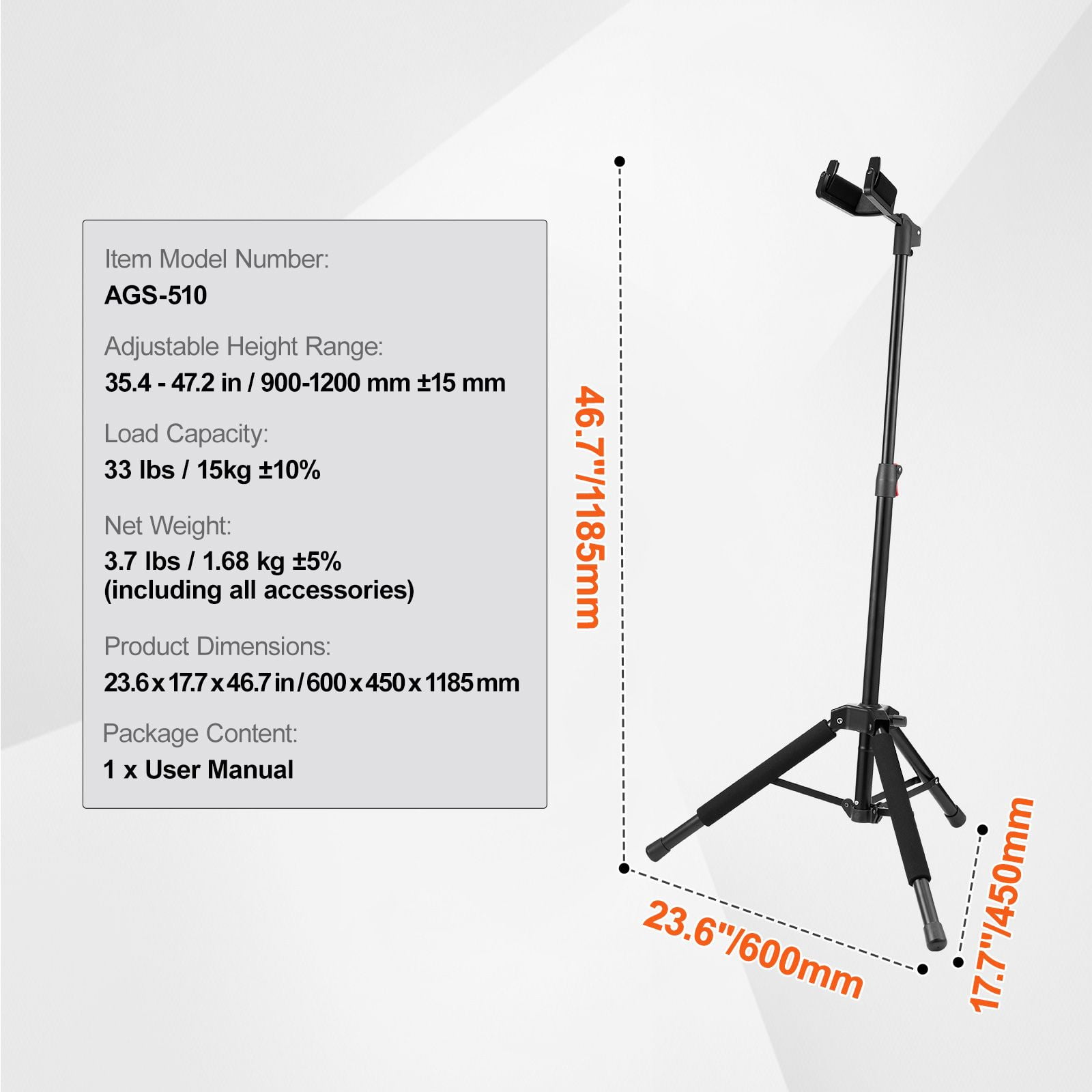 Floor-Standing Tripod Guitar Stand with Gravity Auto-Lock, Adjustable Height 35.4"-47.2", Foldable Design, Universal Fit for Acoustic, Electric & Bass Guitars