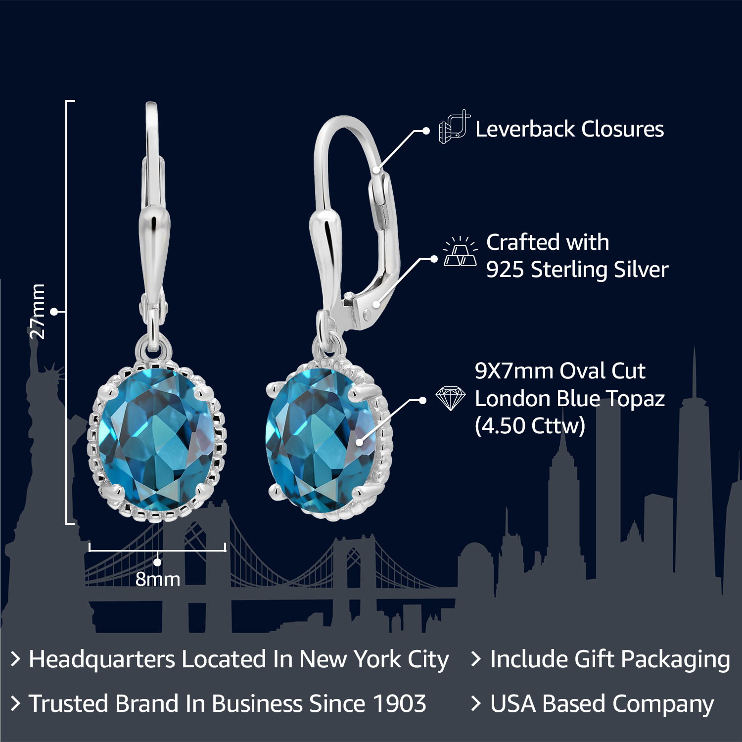 Gem Stone King 925 Sterling Silver London Blue Topaz Leverback Dangle Earrings for Women (4.50 Cttw, Gemstone November Birthstone, Oval 9X7MM)