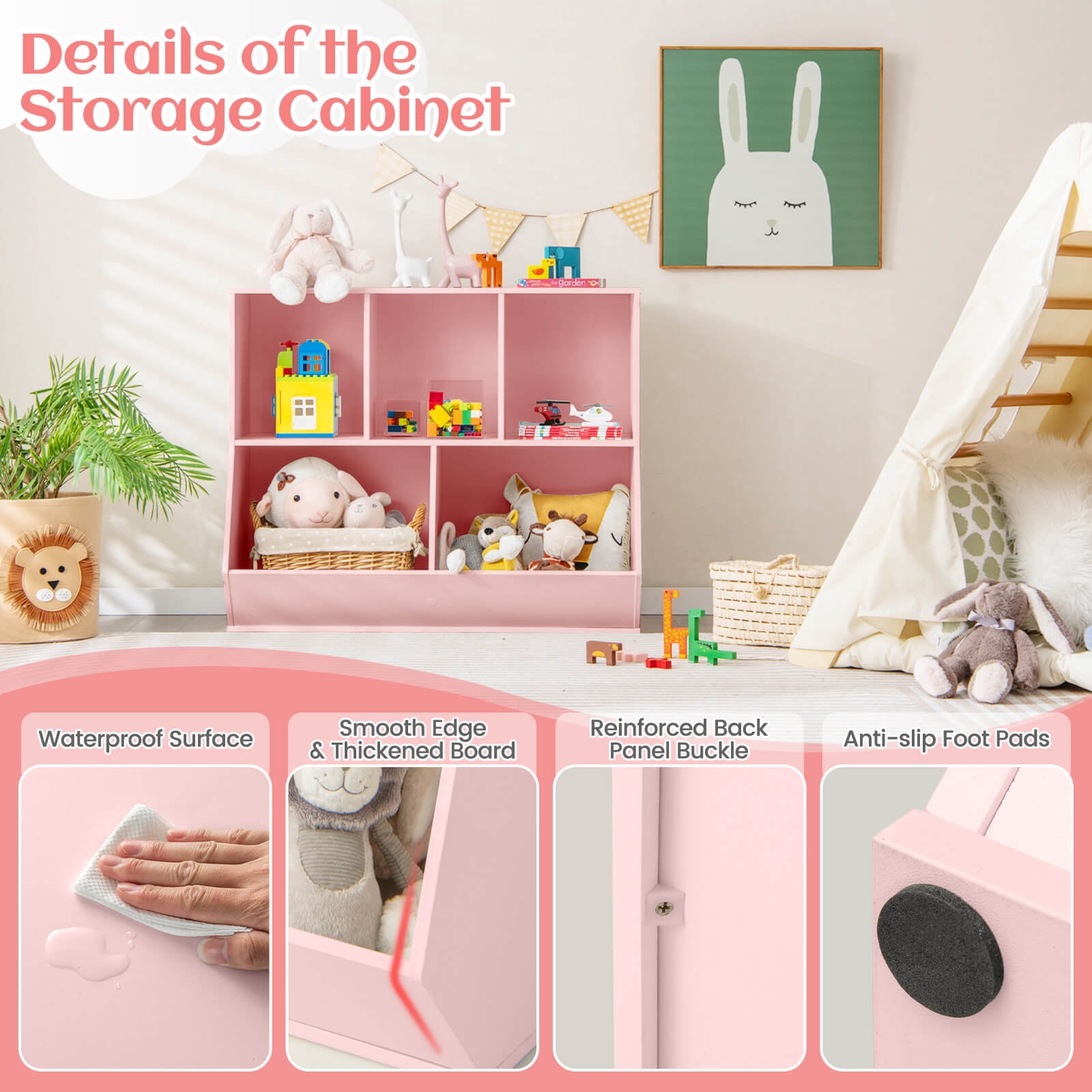 Costway 5-Cubby Kids Toy Storage Organizer Wooden Bookshelf Display Cabinet Pink