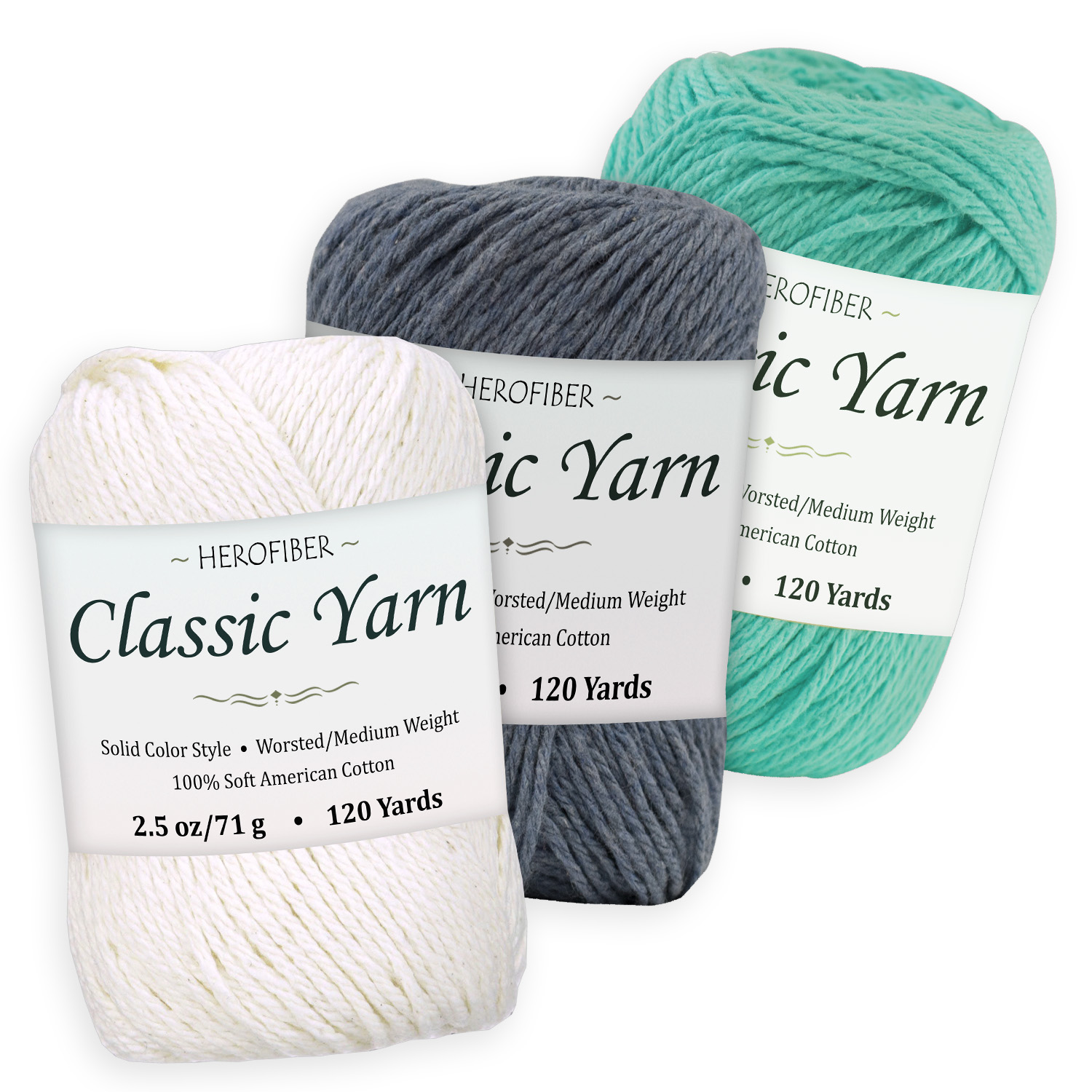 3 Solid Colors 2.5 oz Each Dark Turquoise Light Denim | Coconut White WorstedMedium Weight Assortment for Cotton Yarn