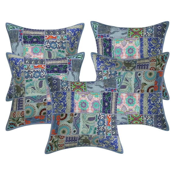 Stylo Culture Ethnic Cotton Home Decor Throw Pillow Covers Grey 20 x 20 Bohemian Vintage Patchwork Ethnic Sofa Cushion Covers 50x50 cm Living Room Abstract Square Pillow Cases | Set Of 5
