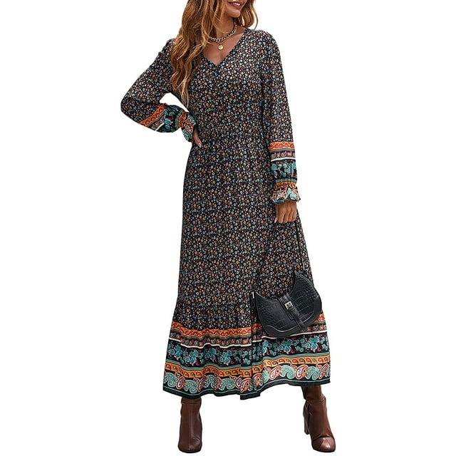 Robe Maxi à Manches Longues pour Femmes - Robe Longue Décontractée à Col en V avec Boutons et Imprimé Floral Boho pour l'Automne