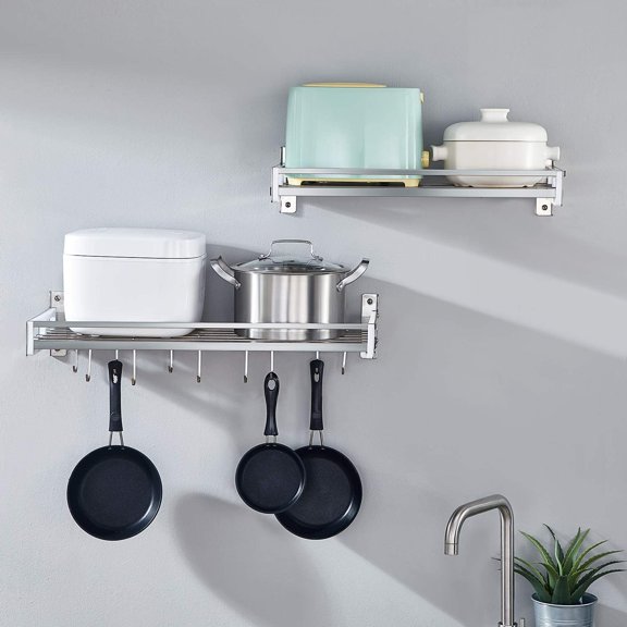Wall Mounted Pot Holder Pan Organizer with 16 Hooks, Stainless Steel Kitchen Wall Rack, Heavy Duty, Modern Slat Design (24'' by 9 1/2")