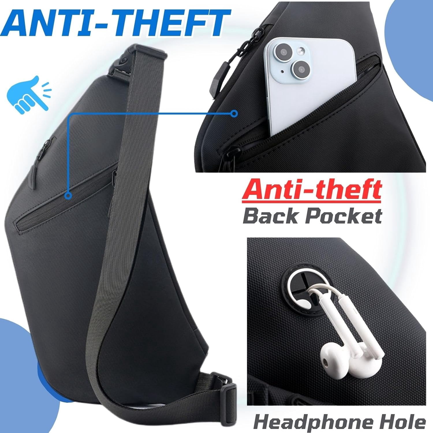 Anti-Theft Travel Sling Bag for Men and Women Expandable Waterproof Crossbody Bag Chest Shoulder Backpack (Black - Left shoulder)