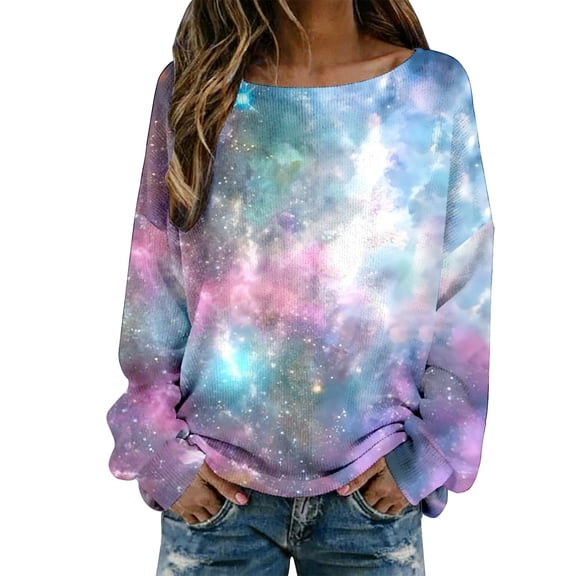 Arlun Nebula Galaxy Print Ribbing Tops for Women Crew Neck Oversized Long Sleeve Pullover Shirt Soft Comfortable Casual Trendy Blouses 2026 Carnival Party Fashion Outfits 17-Mint Green XL
