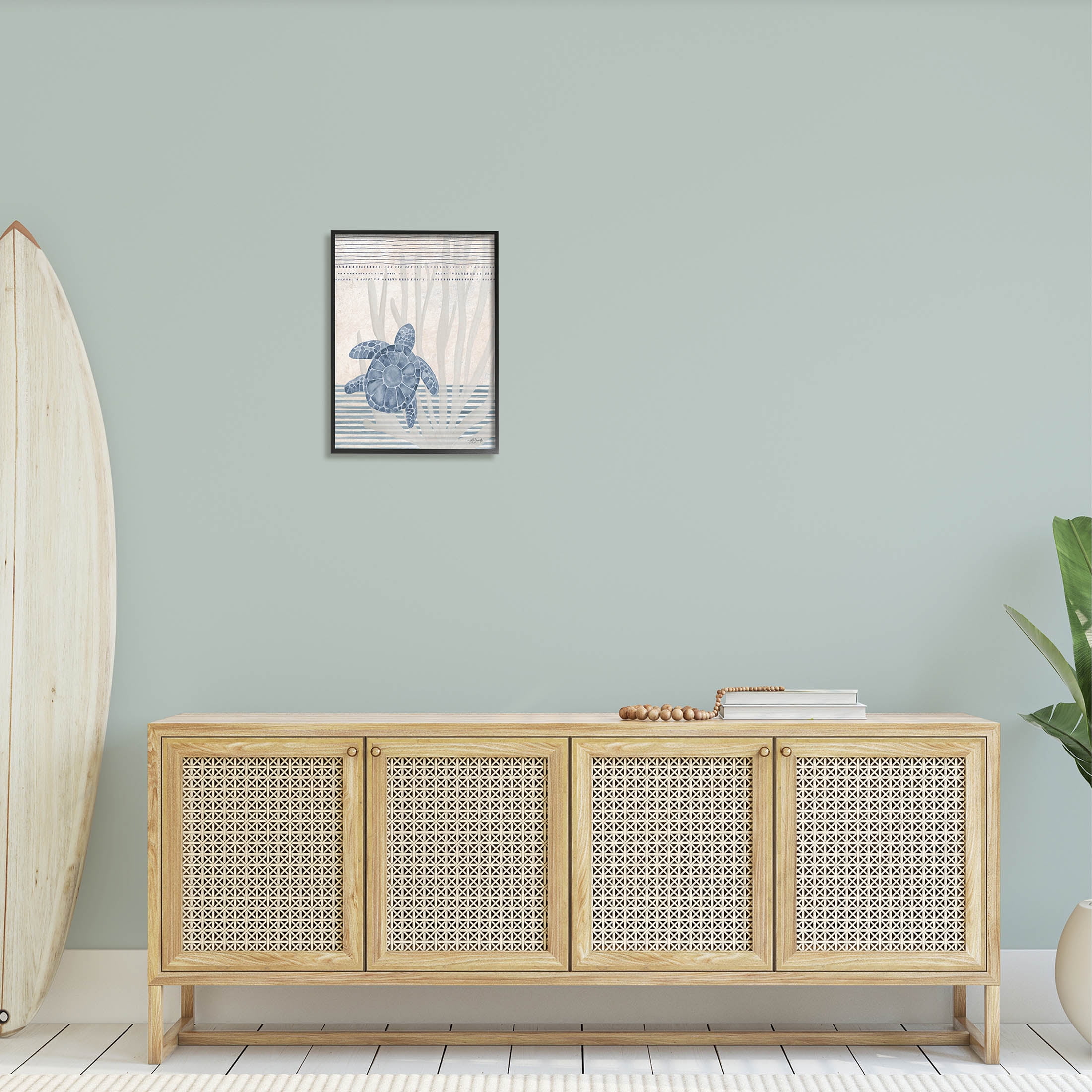 Stupell Industries Nautical Sea Turtle Patterned Stripes Graphic Art Black Framed Art Print Wall Art, Design by Katie Doucette