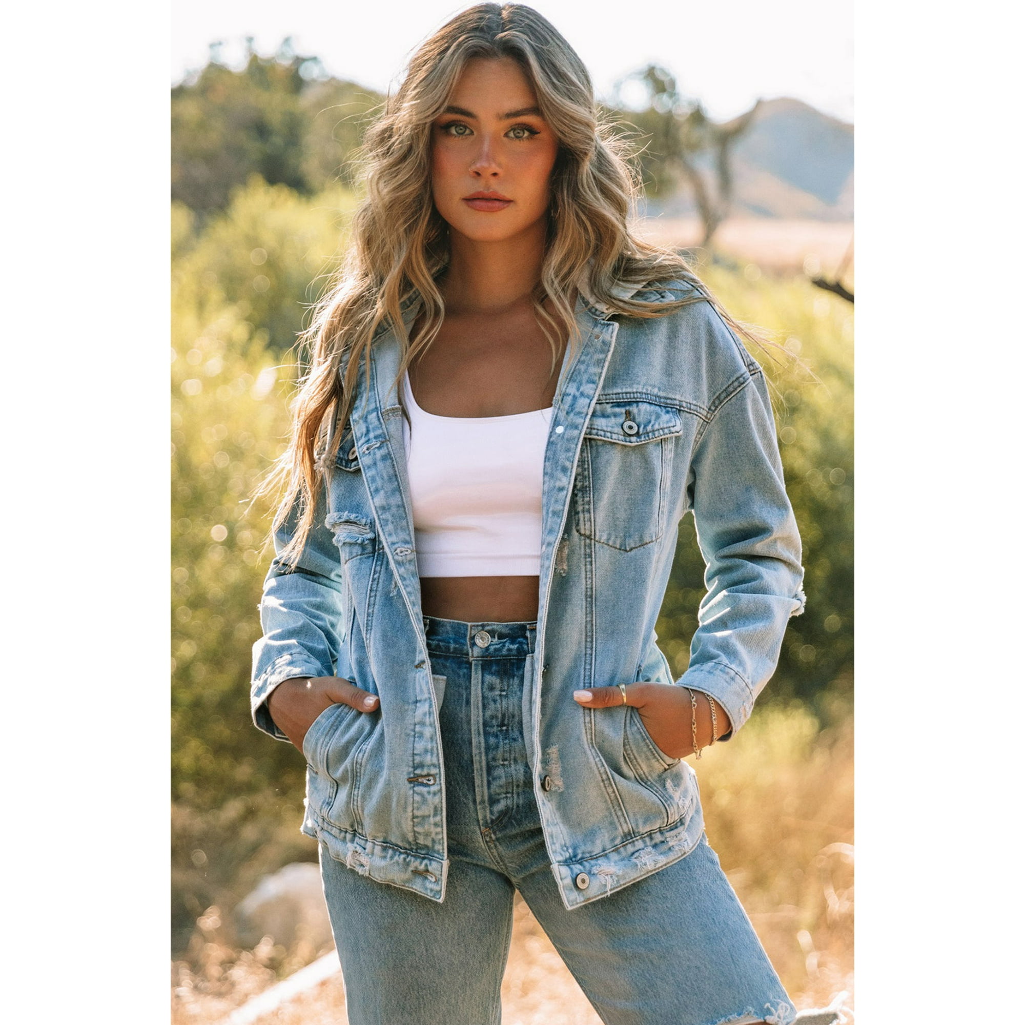 Poglip Women s Sky Blue Button Closure Ripped Hooded Denim Jacket