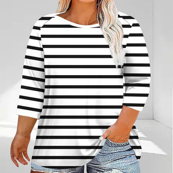 thefmos Plus Size Striped Pullover Tops for Women Fall Winter 3/4 Sleeve Round Neck Comfy Casual Loose Fit Blouses Cute Trendy Tee Shirts Everyday Wear, White 3XL
