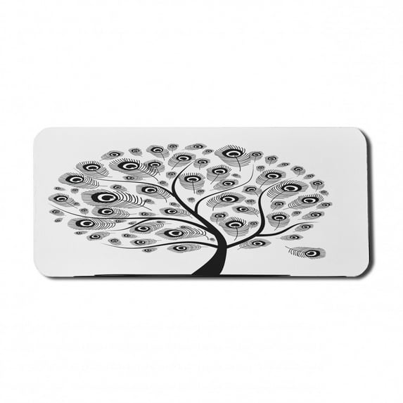 Feather Computer Mouse Pad, Monochrome Tree with Peacock Motifs with Influences, Rectangle Non-Slip Rubber Mousepad X-Large, 35" x 15" Gaming Size, Black and White, by Ambesonne
