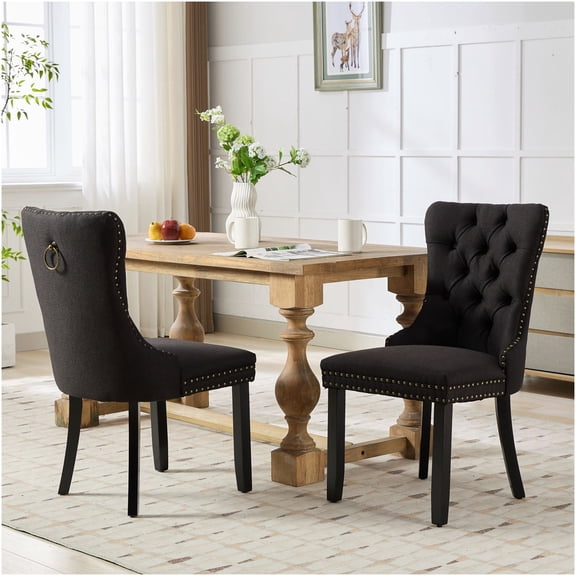 Modern Tufted Upholstered Dining Chairs Set of 2, Black Fabric with Solid Wood Legs and Nailhead Trim for Contemporary Dining Room