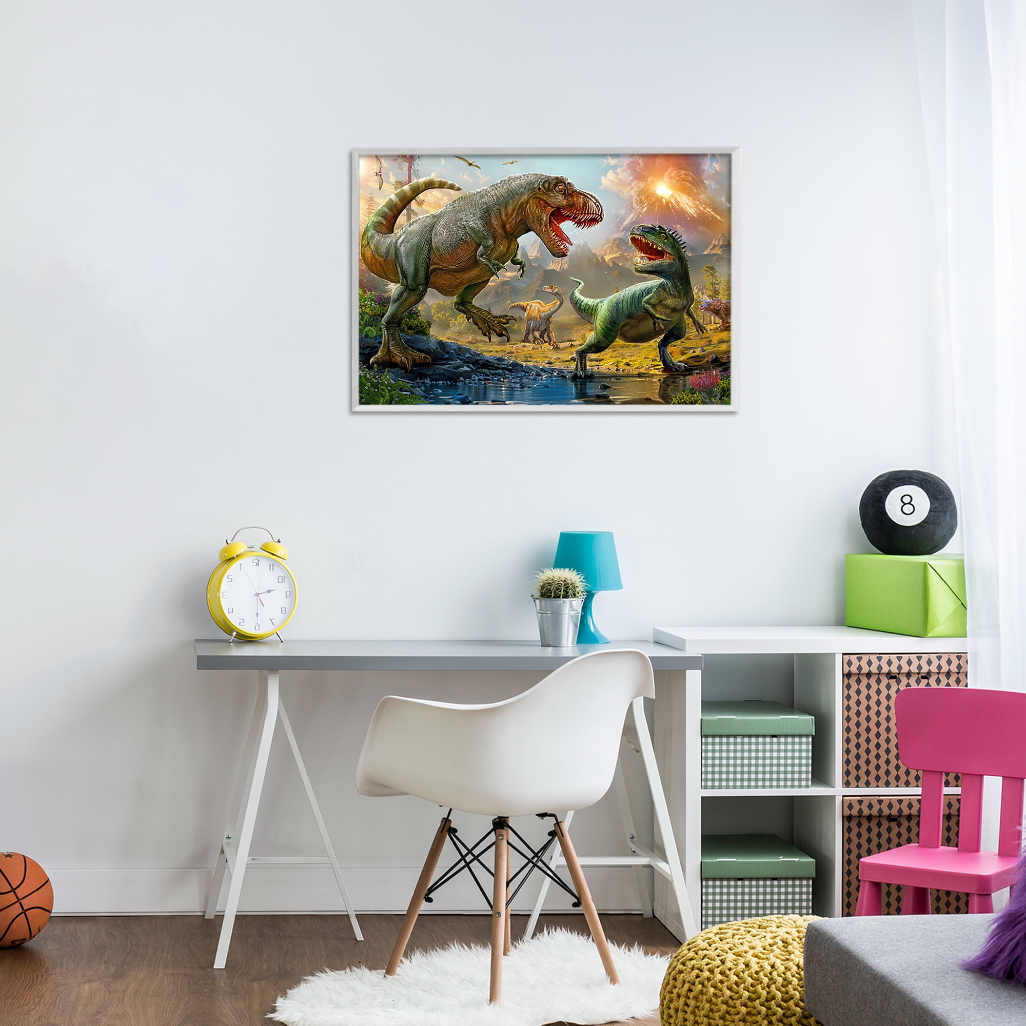 Stupell Industries T-Rex Encounter at Riverbank White Framed Giclee Art, design by Henriette Chinaglia