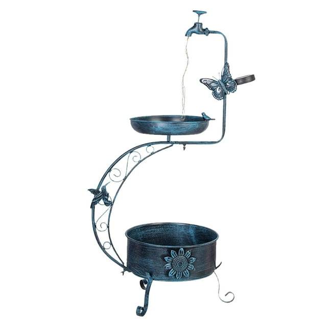 Baño para pájaros con pedestal de metal resistente a intemperie para exteriores con lámpara solar para jardín y césped.