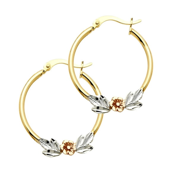 14k Tri-Color Gold Shiny Flower Hoop Leaf Nature Circle Round Earrings Jewelry Female Unisex