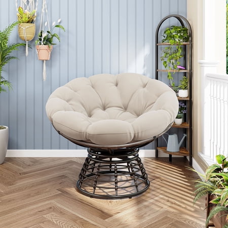 CQSXDA Ergonomic Indoor Outdoor Rattan Papasan Chair with 360° Swivel Thick Cushion and Brown Frame for for Home and Garden Beige