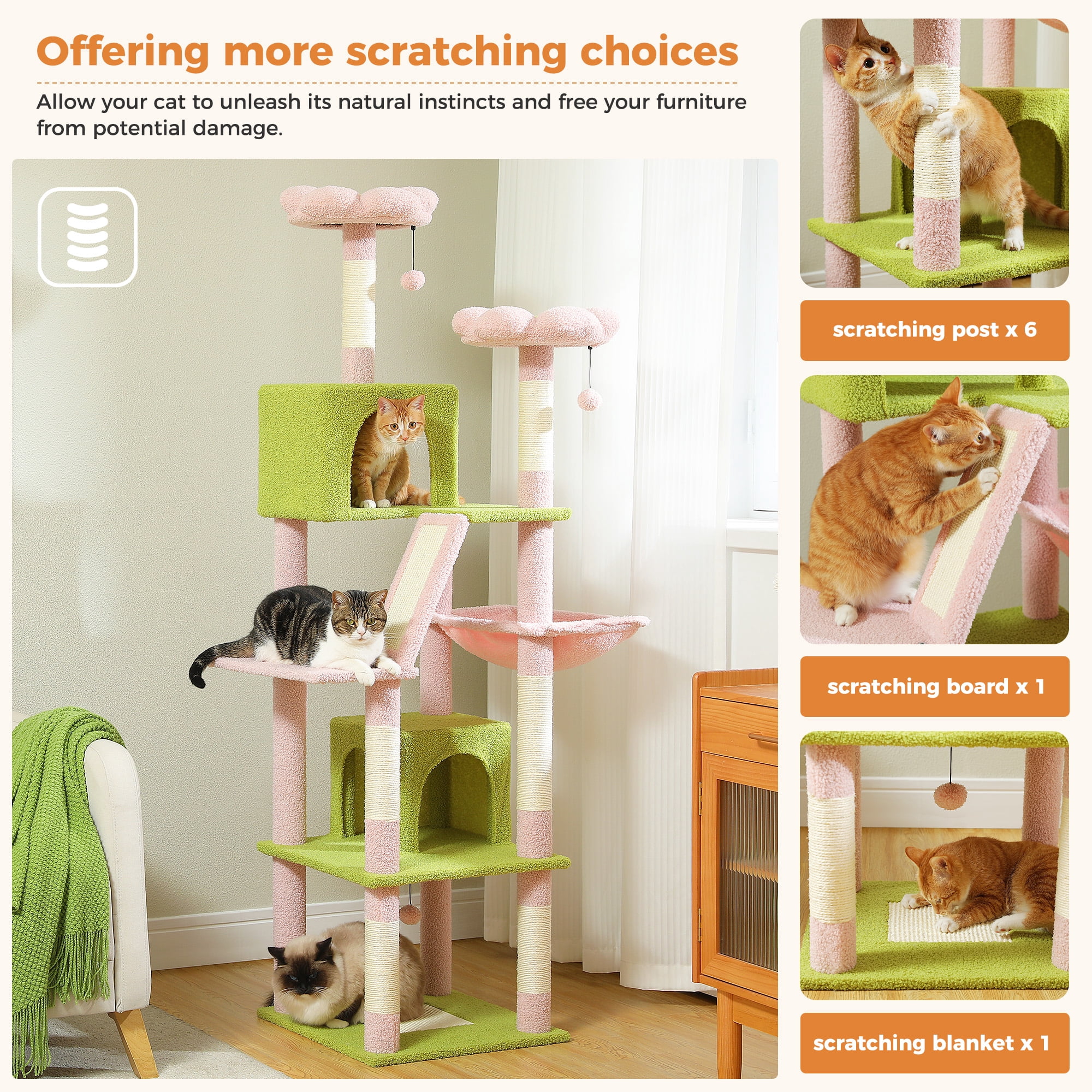 PEQULTI 71 " Large Cat Tree Tower for Cat with Dual Condos and 6 Scratching Posts Indoor Pink