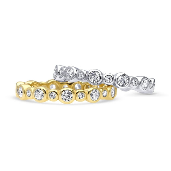 BERRICLE Sterling Silver Bubble Wedding Rings Bezel Set Round Cut Cubic Zirconia CZ Eternity Ring Set for Women, Rhodium Plated and Yellow Gold Flashed Size 5.5
