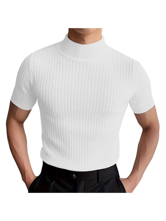 Mens Shirt High Neck Sweater Casual Basic Pullover Sweater Ribbed Knit Short Sleeve Solid Pullover Sport Athletic Tee