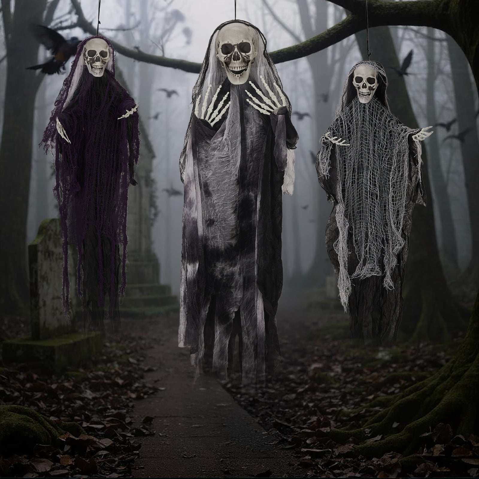 Astoutdoor 3 Pack Hanging Halloween Skeleton Ghosts Decorations, Grim Reapers for Outdoor Decor, 12.99 in
