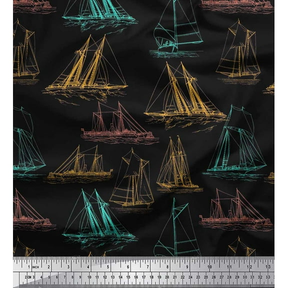 Soimoi Cotton Duck Fabric Ship Ocean Print Sewing Fabric Yard 42 Inch Wide