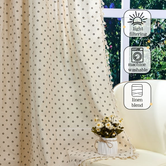 Lfeey Linen Blend Curtain Daisy Floral 84 Inches Long, Rod Pocket Curtains for Living Room, 2 Panels