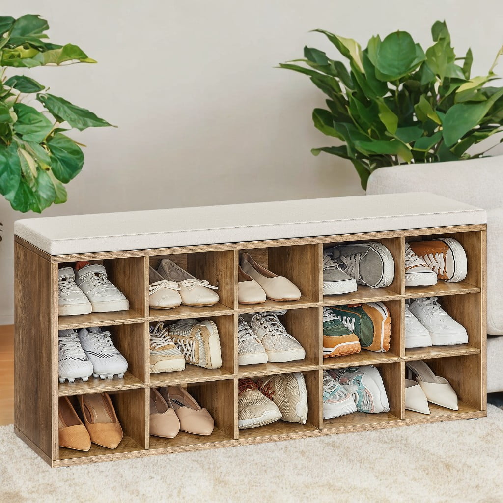 Honey Brown and Cappuccino Beige Entryway Bench with 15 Compartments,with Padded Seat, Shoe Bench with Cushion,11.8 x 41.3 x 18.9 Inches