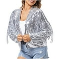 thumbnail image 3 of XPMWRP Cropped Sequin Fringe Jackets for Women Trendy Lapel Sparkly Tassels Long Sleeve Open Front Y2K Outerwear Silver L, 3 of 4