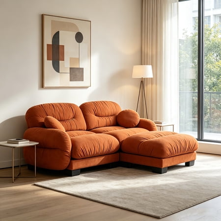 AUU Orange Pleated Chenille 2-Seater Modular L-Shape Sectional Sofa with Ottoman, High-Density Ergonomic Foam Seat, Curved Round Armrests and 2 Round Pillows