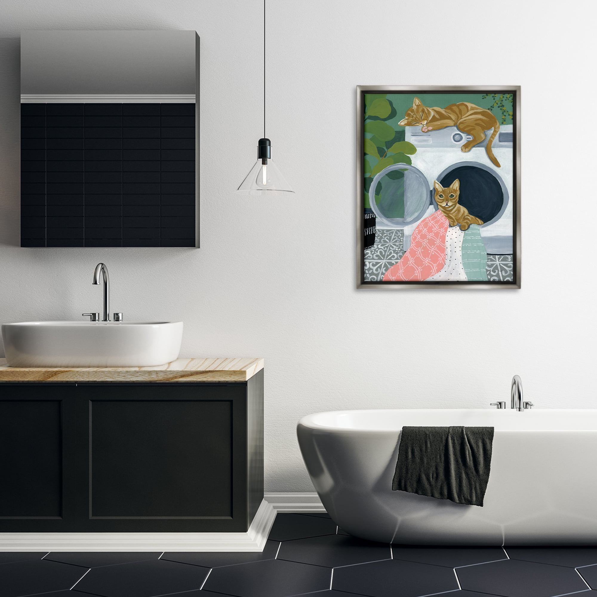Stupell Industries Cuddling Laundry Cats Bath & Laundry Painting Gray Floater Framed Canvas Art Print Wall Art, 25 x 31