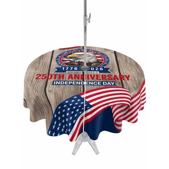 Outdoor Tablecloth with Umbrella Hole for Patio/Picnic/Party/Camping, Anniversary USA Flag Waterproof Table Cloth Round Cover Washable, Eagle American Flag Brown Wood (Dia 54")
