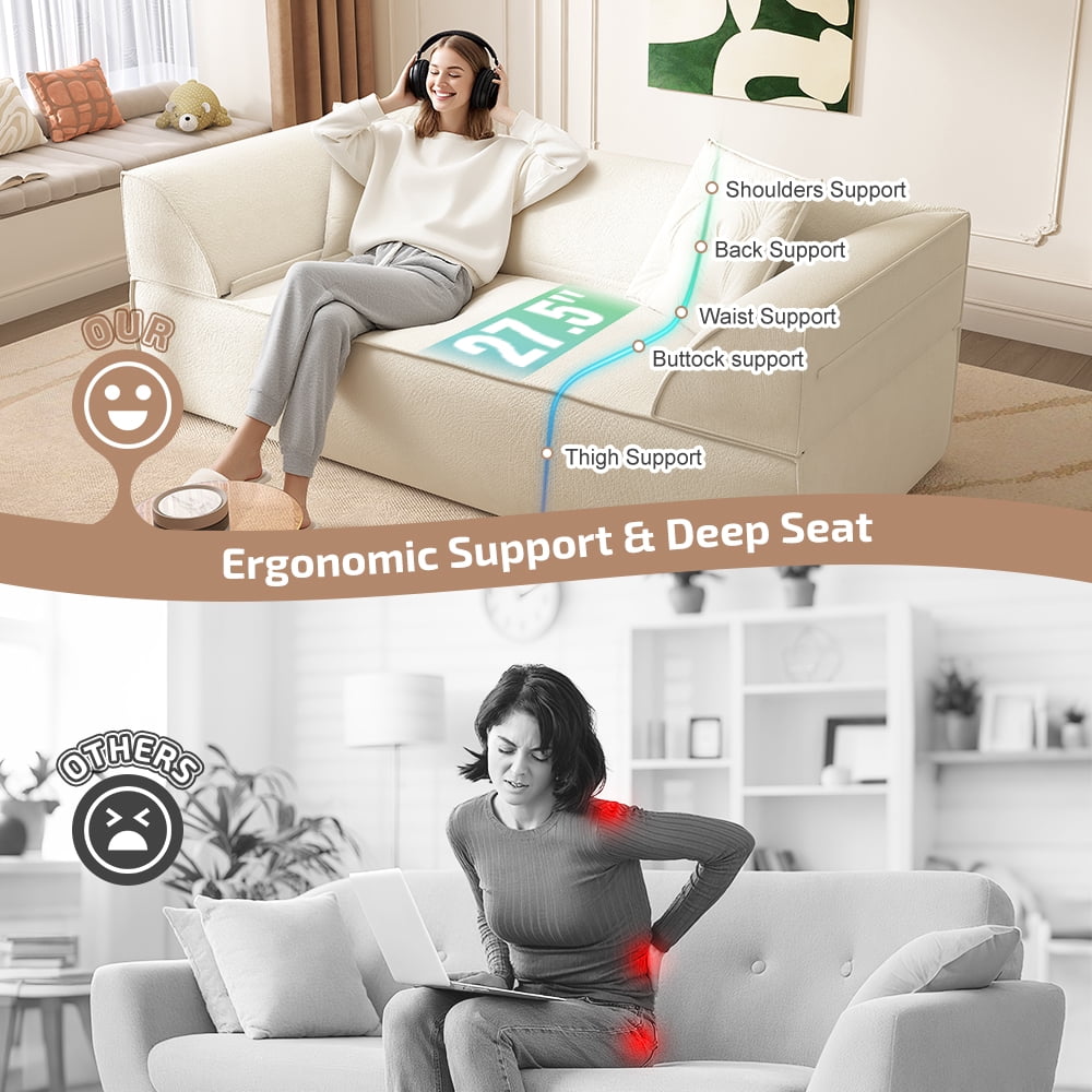 Avobird 3 in 1 Convertible Sofa Bed, 79.5" Modern Deep Seat Couch with 2 Pillows, Sparkling Chenille Fabric Sofa,Chaise Lounge for Living Room/Office, Beige