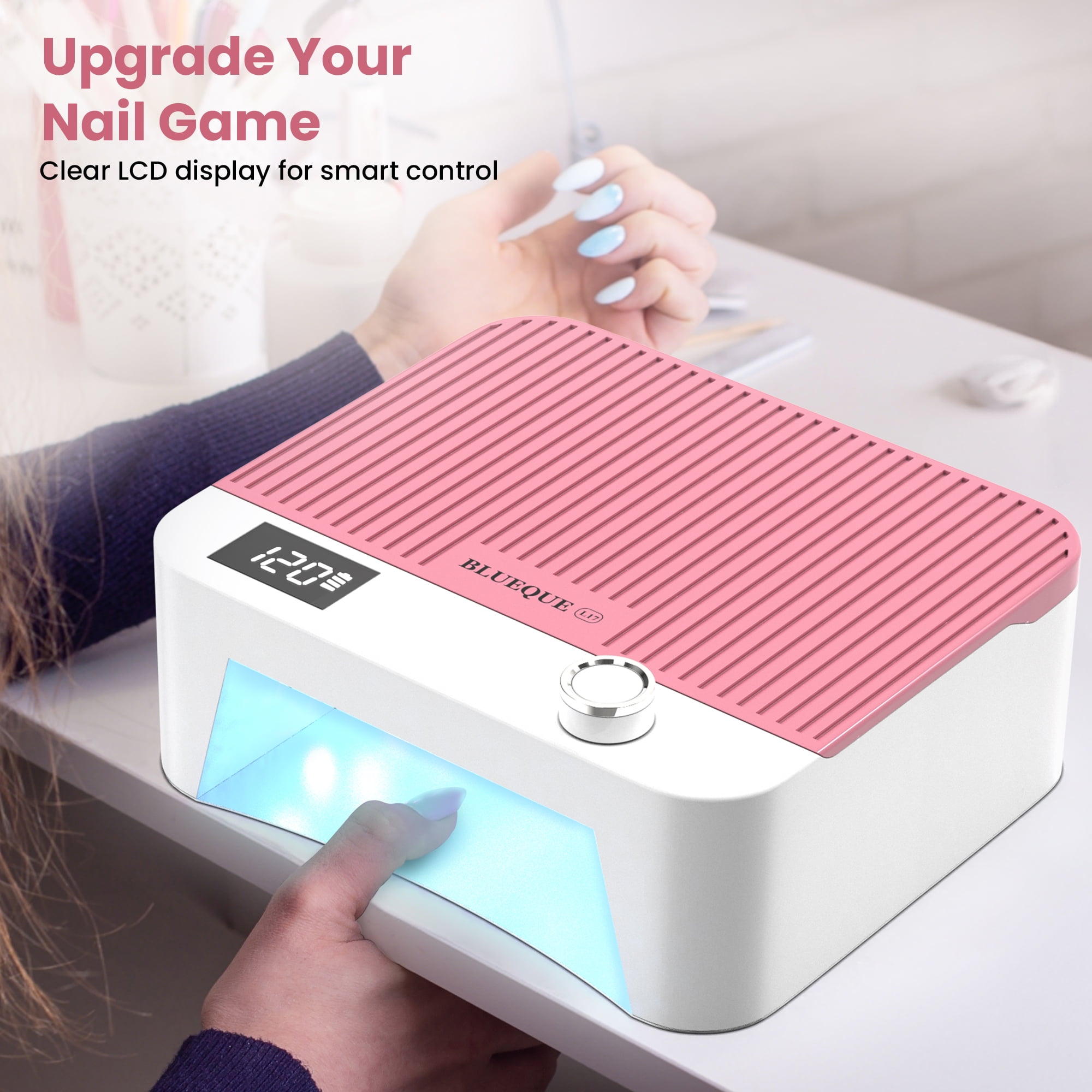 Cordless UV LED Nail Lamp, 60W Rechargeable Nail Dryer Gel Polish Light, Intelligent Auto Sensor LCD Display Nail Lamp  With 4 Timer Setting-Pink