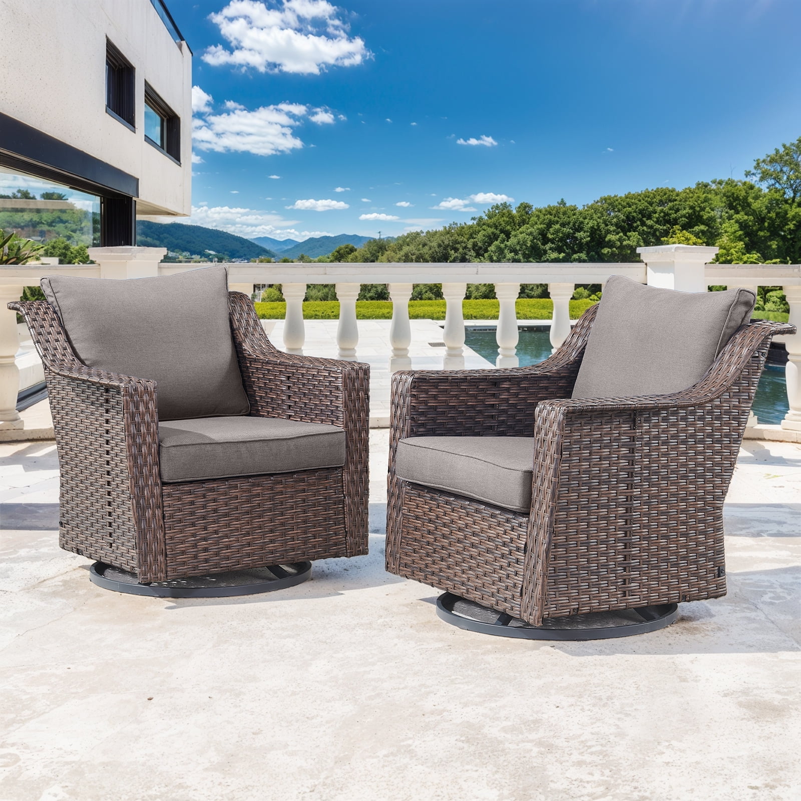 Gymojoy 2-Piece Outdoor Swivel Gliders, Patio Wicker Bistro Furniture Swivel Rocking Chair Set for Porch Balcony Backyard,Gray Cushion