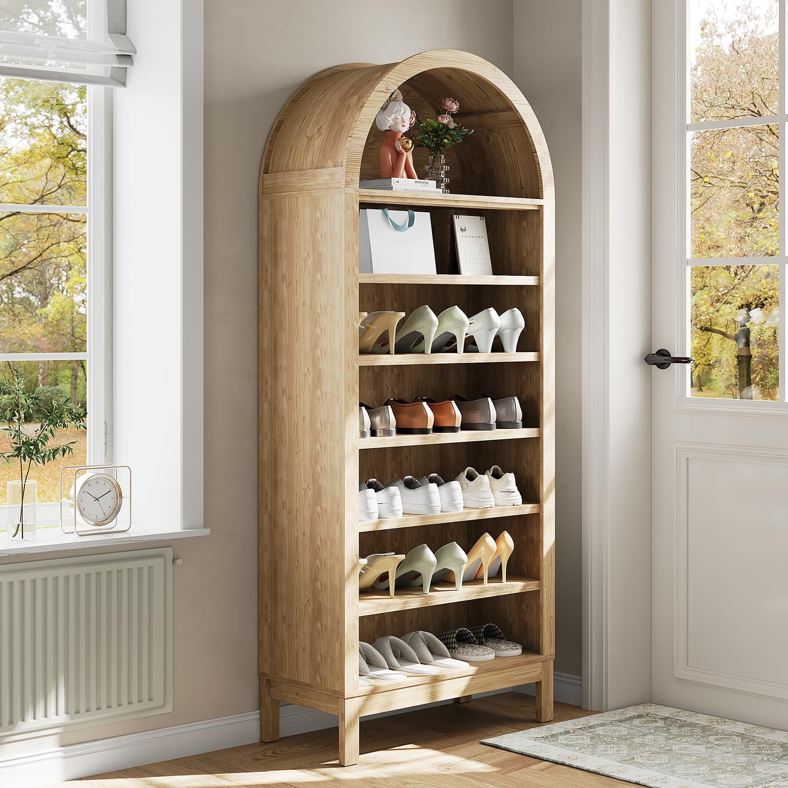 Litake 71in Tall Arched Shoe Cabinet, 7-Tier Wooden Shoe Rack with Adjustable Shelves, Freestanding Display Shelf Storage Organizer for Entryway Hallway Living Room, Natural