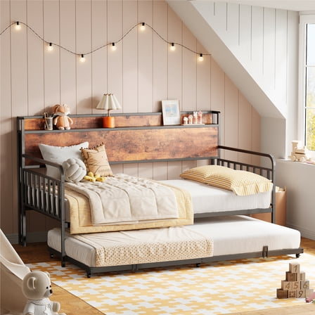 LIKIMIO Daybed with Trundle, Twin Day Bed Frame with Storage Headboard and Charging Station, Sturdy Metal Sofa Bed Frame for Living Room/Bedroom/Guest Room