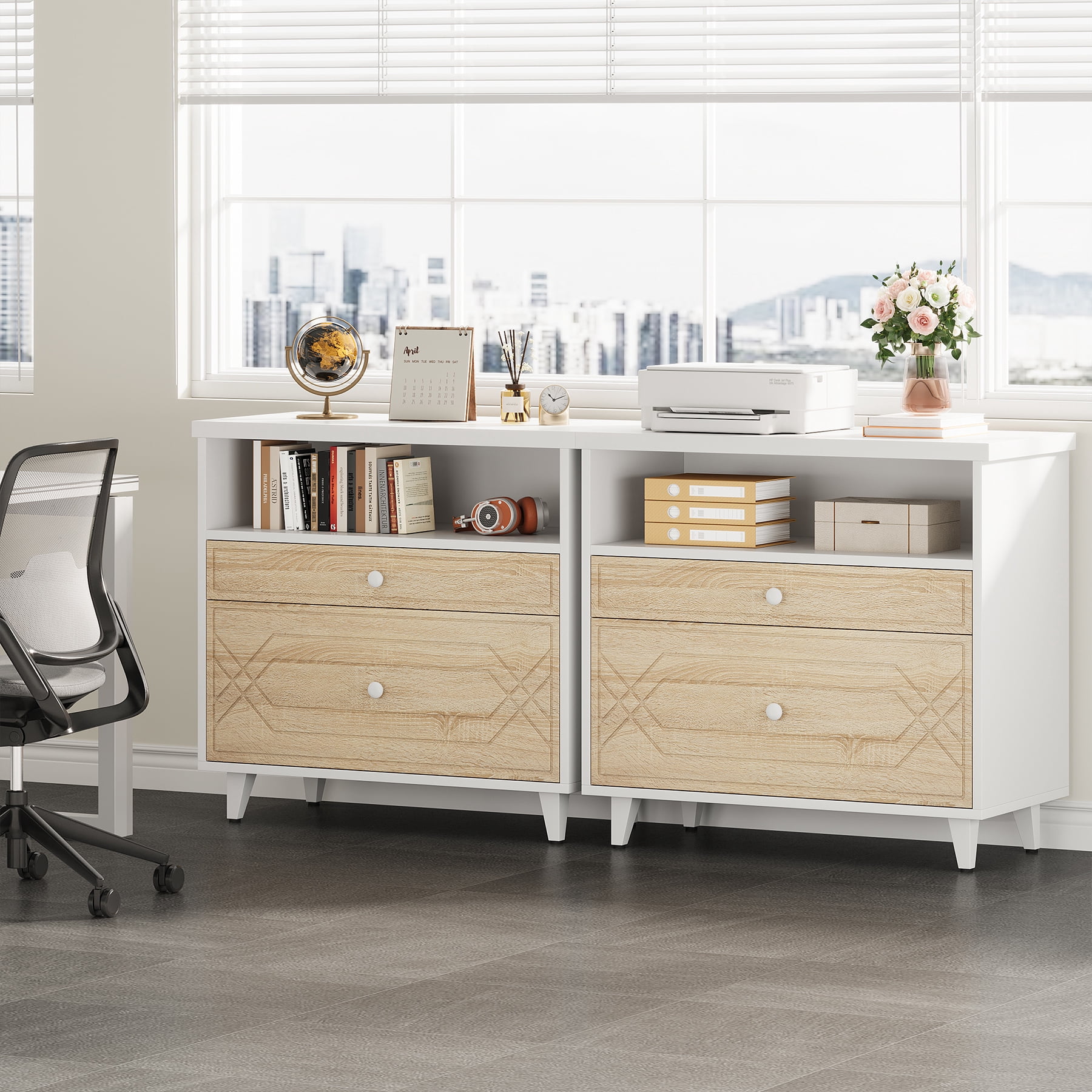 Condemo Large Storage MDF Board Metal Lateral File Cabinet Printer Stand, White and Light Brown