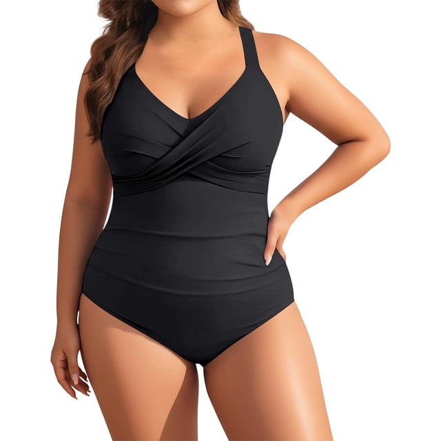 GDREDA Womens Plus Size Swimsuit Retro Full Coverage Bathing Suit Tummy Control One Piece Vintage Style Swimwear Black,XXXL