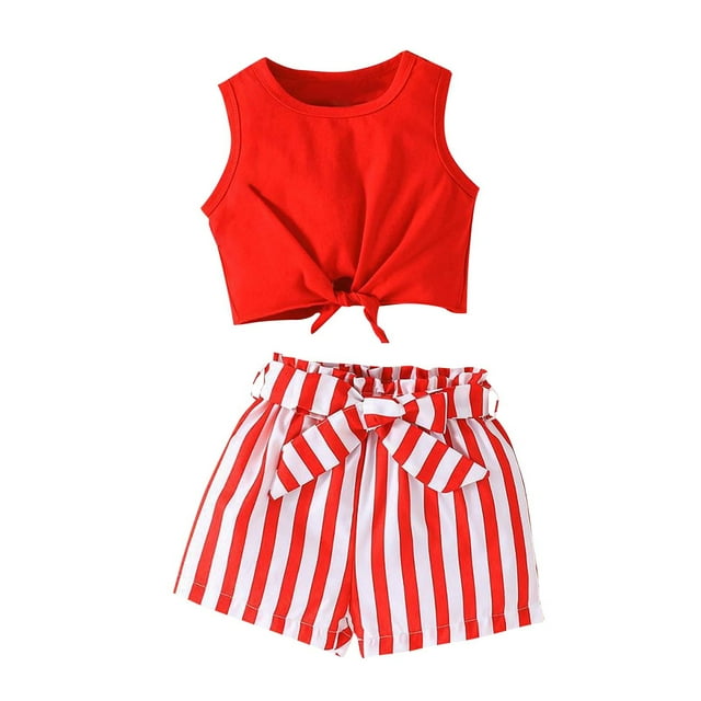 Zpanxa Girls Summer Outfits Kids Solid Color Round Neck Hem Split vertical Striped Shorts Two-piece Set 5 Years