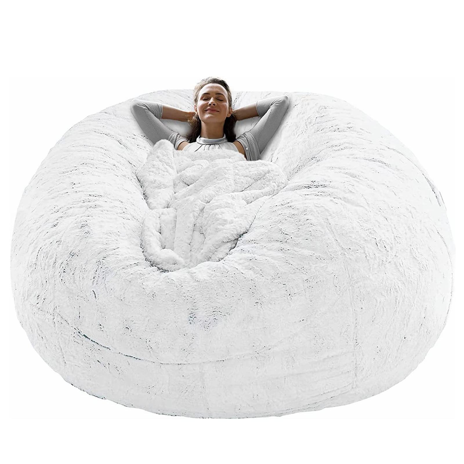 EKWQ 7ft Bean Bag Chair Cover, Living Room Furniture Big Round Soft Fluffy(Only Cover, No Filler) Faux Fur Beanbag Lazy Sofa Bed Cover 183cm Giant