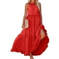thumbnail image 2 of Mohiass Solid Color Halter Ruffle Maxi Dress for Women Sleeveless Casual 2024 Ruched Long Dress Red 2XL, 2 of 9