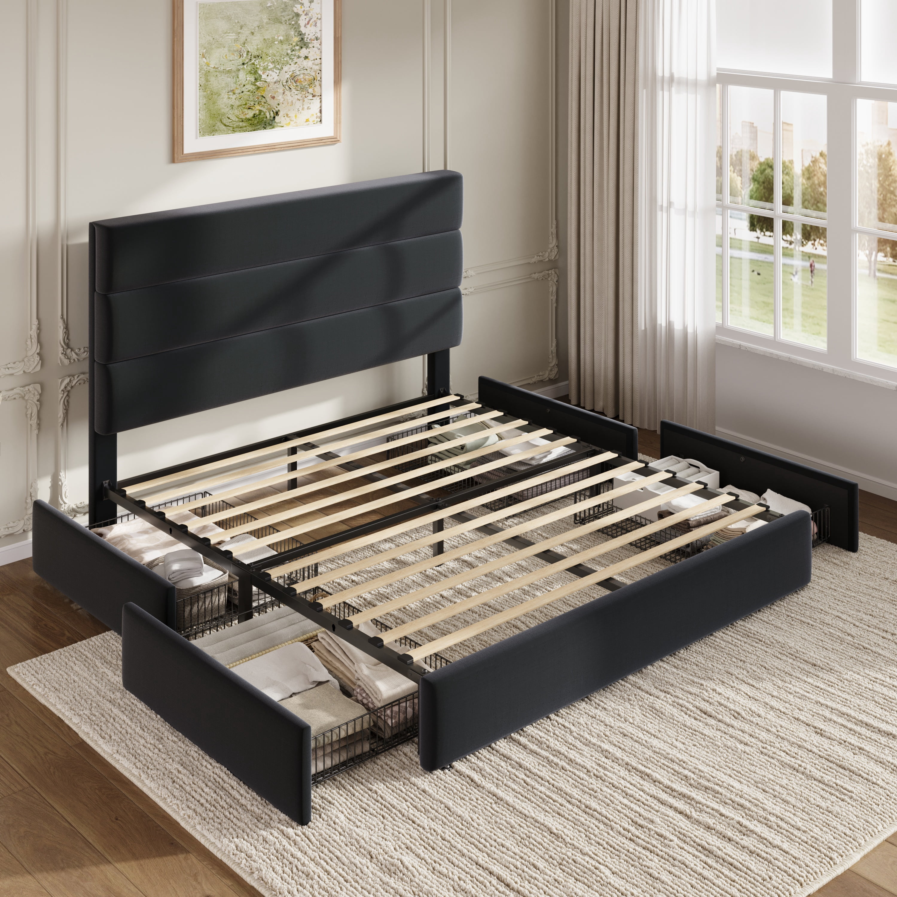 Sha Cerlin Full Size Platform Bed Frame with 4 Storage Drawers, Velvet Upholstered Headboard, Black