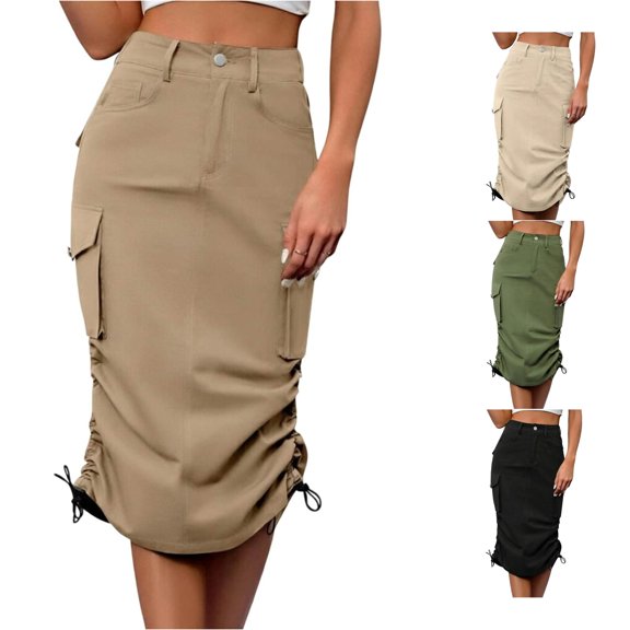 Unir Women Multi Pocket Cargo Midi Skirt High Waist Side Drawstring Ruched Twill Casual Street Bottom 1PC XS-S-M-L-XL Plus Size Friendly